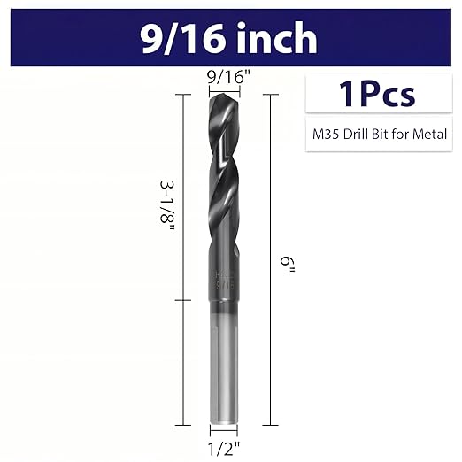 9/16 Inch Cobalt Drill Bit for Metal - M35 Titanium Aluminum Nitrite Coated HSS, 9/16" Diameter 6" Total Length with 3-Flat Shank, for Steel Pipes, Metal Sheets & Automotive Repair