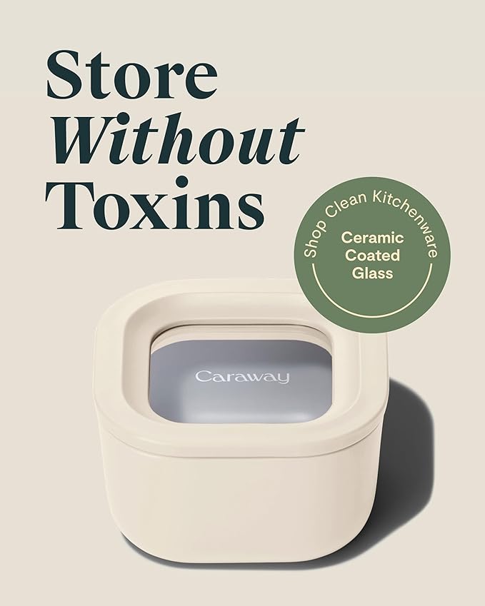 Caraway Mini Square Food Storage Container - 1.75 Cup Glass Storage Container for Food - Non-Toxic Ceramic-Coated Glass - Air Release Technology - Compact & Stackable Design - Cream