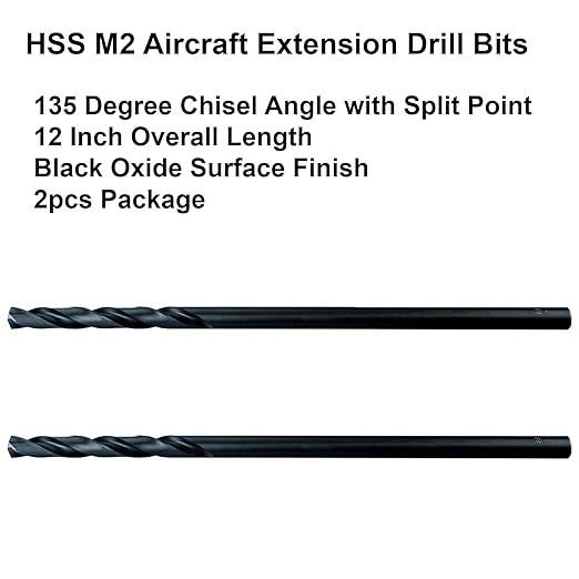 MAXTOOL 1/4"x12" 2pcs Identical Aircraft Extension Drills HSS M2 Extra Long Deep Twist Drill Bits Straight Shank Fully Ground Black; ACF02B12R16P2
