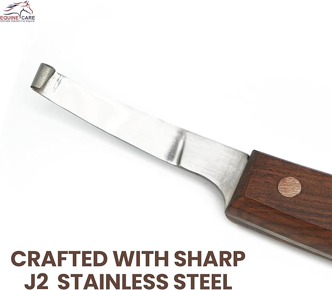 Equine Care Right-Handed Hoof Knife – Razor Sharp Short J2 Steel Blade, Professional Farrier Tool for Horse Hoof Trimming, Goats, Sheep & Livestock | Ergonomic, Rust-Resistant Wooden Handle.