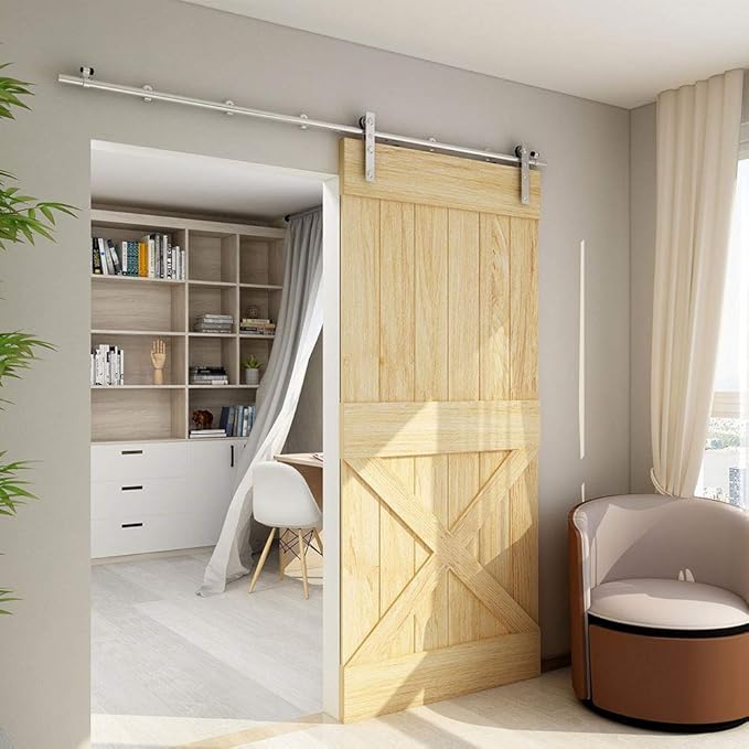 TSMST 9.6FT Sliding Barn Door Hardware Kit, Stainless Steel Heavy Duty Sturdy Barn Door Track for Single Wood Door, Slide Smoothly Quietly (L Style)