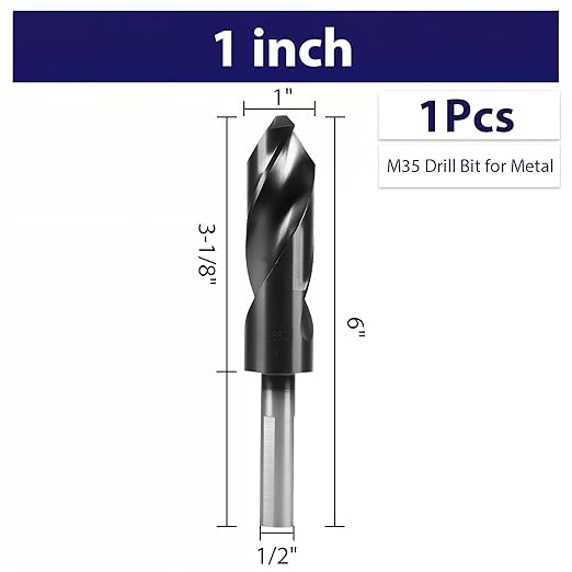 1 Inch Drill Bit for Metal - HSS M35 Cobalt Titanium Nitride Coated, 3-Flat Shank Design for Precision Drilling in Hard Steel, Cast Iron and Thick Aluminum
