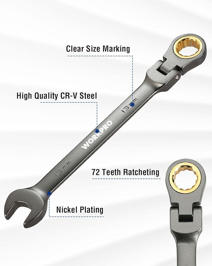 WORKPRO 13 mm Flex-Head Ratcheting Combination Wrench, Cr-V Constructed, Nickel Plating, 72-Teeth, 12 Point Design, Metric