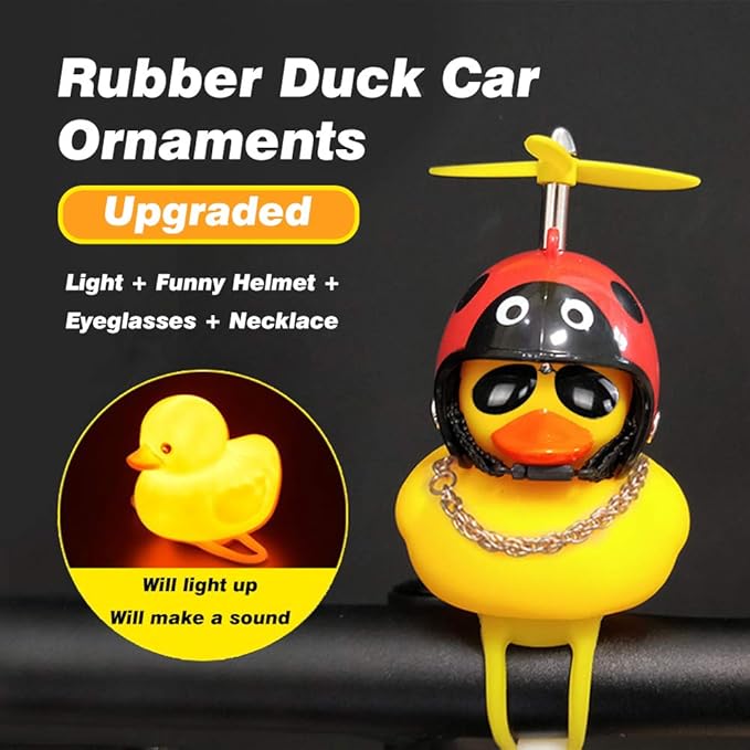 wonuu Rubber Duck Toy Car Ornaments Yellow Duck Car Dashboard Decorations Squeeze Duck Bicycle Horns with Propeller Helmet