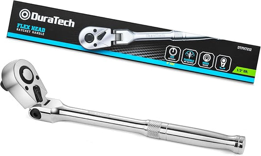 DURATECH 1/2" Drive Flex-Head Ratchet, 72-Tooth Ratchet Wrench, Quick-release, Reversible Switch, Full-Polished Chrome Plating, Alloy Steel