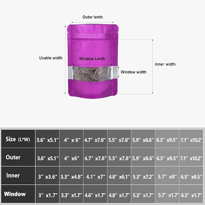 4.7"x7.8" 120pcs Mylar Bags for Food Storage,Smell Proof Bag with Matte Window Resealable Food Storage Bags for Small Business, Stand-up Foil Pouch Packaging Freeze Dried Candy Bag(Purple)