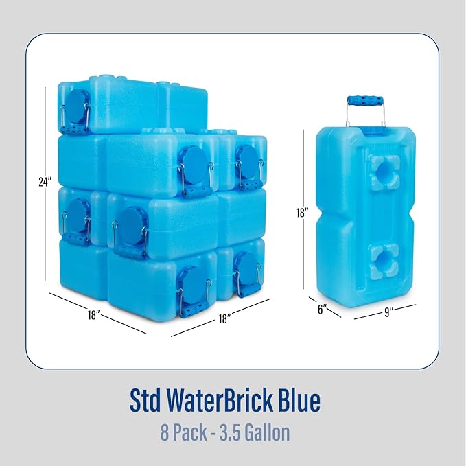 WaterBrick International Water Storage Containers for Emergency Water Storage | 4-Pack of Stackable 3.5 Gallon Water Container Bricks | Food-Grade HDPE Plastic | BPA-Free | STD Blue