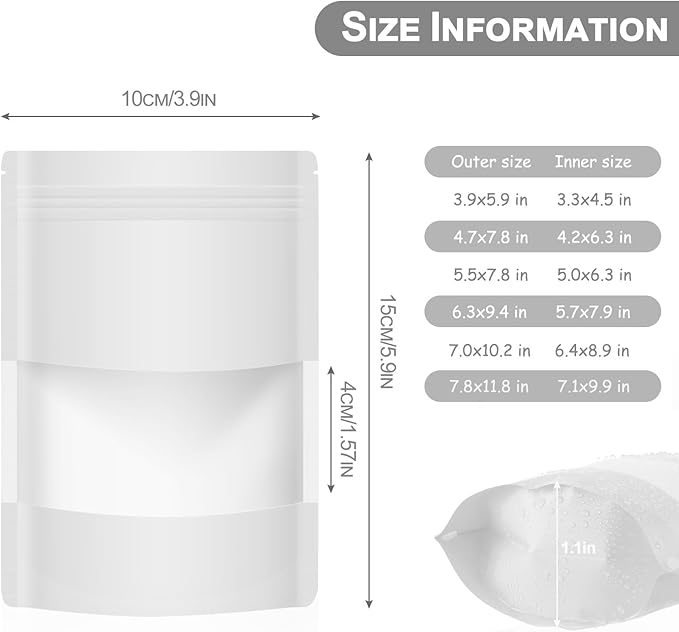 100 Pack Smell Mylar Proof Bags for Food Storage, Resealable Packaging Bags for Small Business, Stand Up Foil Pouches Reusable Heat Sealable Bags with Clear Window (White, 3.9x5.9 In)