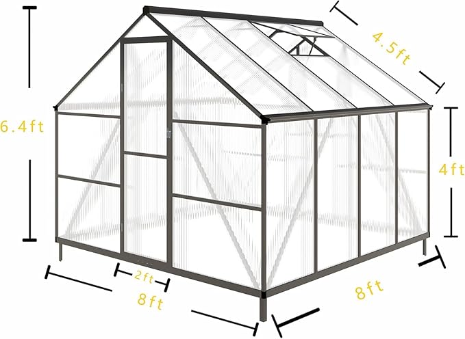 8x8 FT Greenhouse for Outdoors, Polycarbonate Greenhouse with Quick Setup Structure and Roof Vent, Aluminum Large Walk-in Green House for Outside Garden Backyard, Dark Gray