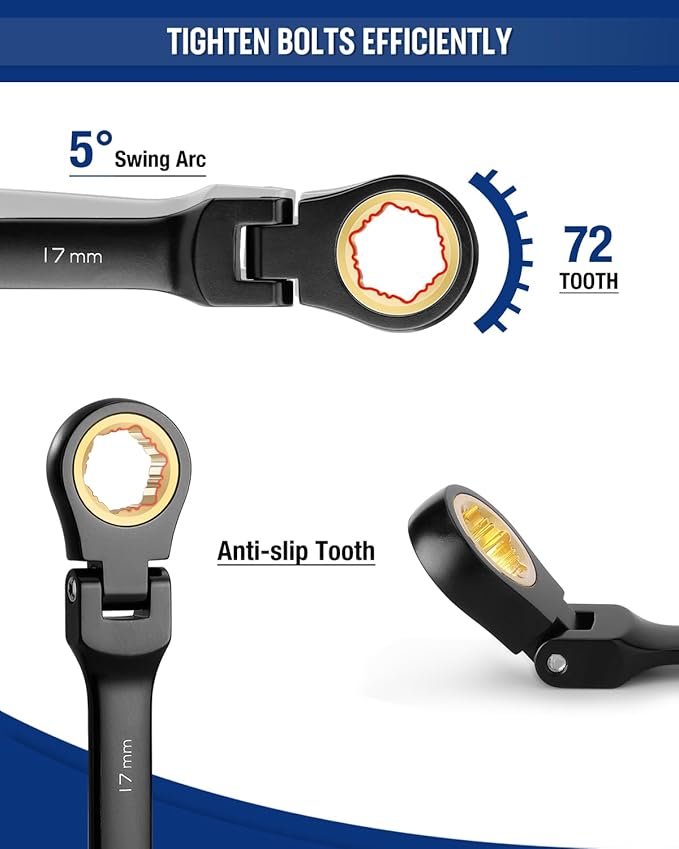 WORKPRO Ratcheting Combination Wrench Set, 8-piece Flex-Head Anti-Slip Set Metric 8-17 mm, 72-Teeth, Cr-V Constructed, Black Electrophoretic Coating with Rolling Pouch