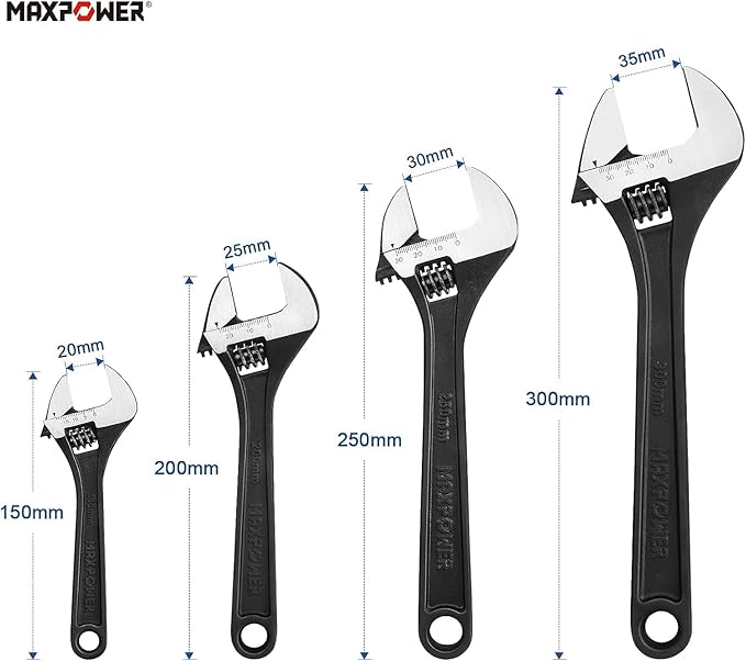 MAXPOWER Adjustable Wrench Set, Forged, Heat Treated, Black Phosphate Finish Adjustable Wrenches, 4 Pack (6-inch, 8-inch, 10-inch, 12-inch)