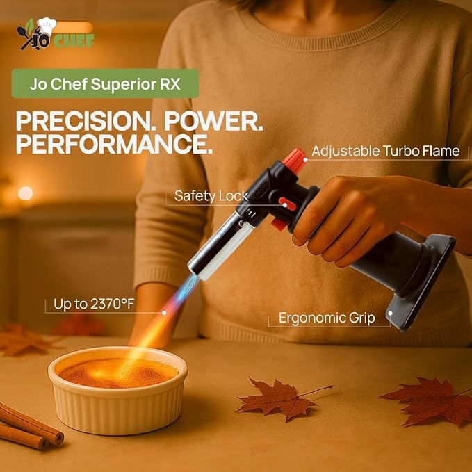 Jo Chef Kitchen Torch with Butane Included – Refillable butane torch Lighter with Safety Lock & Adjustable Flame, Culinary Blow Torch for Cooking, Creme Brulee 2 Cans (3.38oz) Included Black