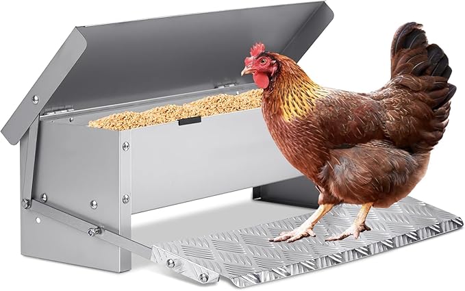 2025 New Treadle Chicken Feeder Automatic 15 lb Large Capacity and Sturdy Galvanized Chicken Feeder with Rat Proof and Waterproof lid Pedal operates The Automatic Switch No Waste and spillage