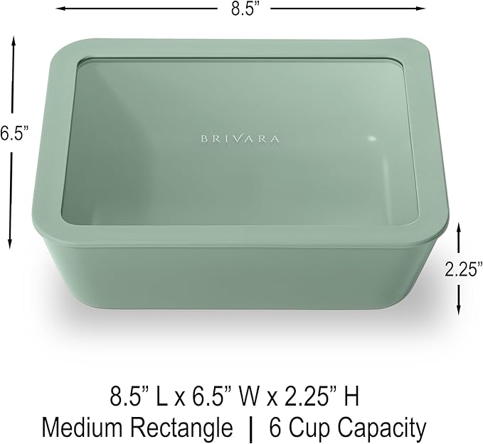 Ceramic Coated Glass Food Storage Container | No PTFE, PFOA, PFAS, and BPA | Reusable Non Toxic Meal Prep Container with Glass Lid | Easy To Store | 6 Cup Rectangle [Willow]