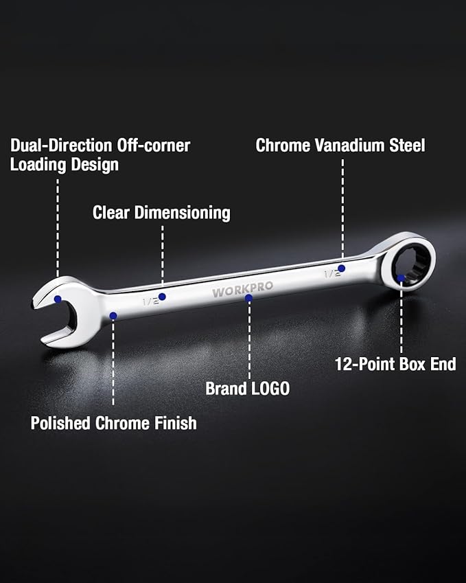 WORKPRO 1/2" Ratcheting Combination Wrench SAE, CR-V Constructed with Mirror Polish Chrome Plating, 12-Point Design, 15-Degree Offset