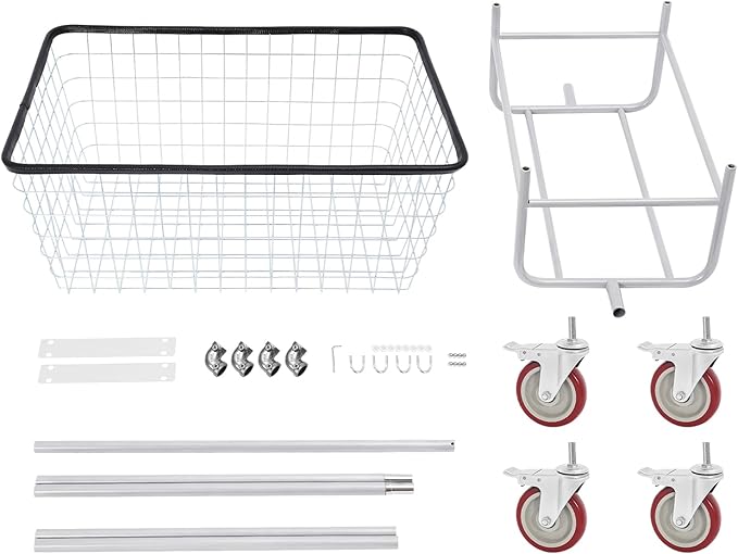 TFCFL Heavy Duty Wire Laundry Cart with Double Pole Rack, 2.5 Bushel Wire Laundry Basket with Wheels, Commercial Rolling Laundry Basket 110lbs Capacity, Steel Basket for Laundry Clothes Storage