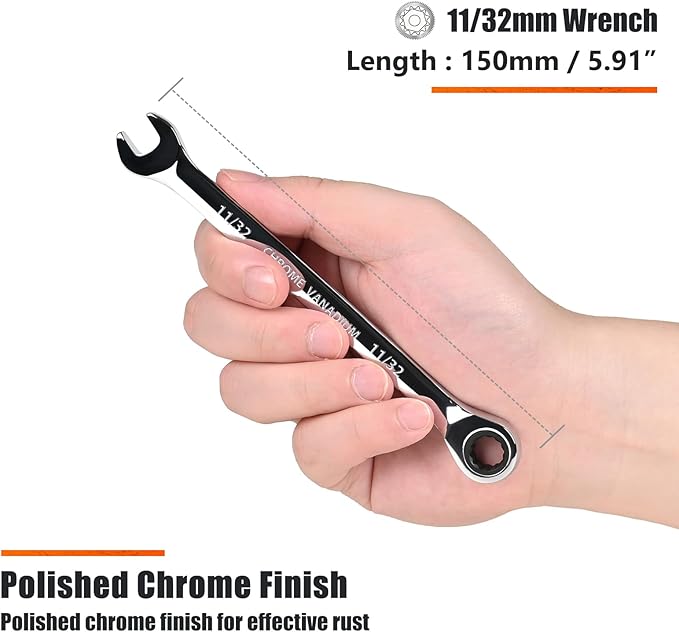 Egofine 11/32 inch Ratcheting Combination Wrench SAE, Industrial Grade Gear Spanner with 12-Point Design, 72-Tooth Ratchet, Chrome Vanadium Steel