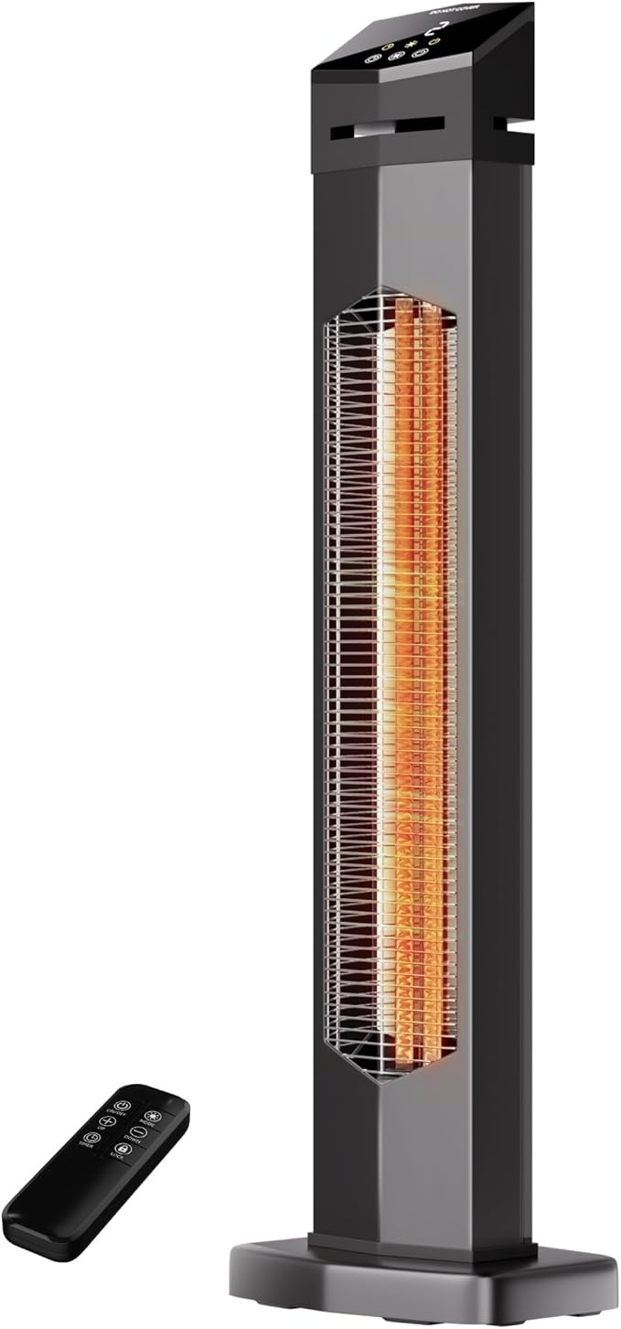 AKIRES 37IN Outdoor Electric Patio Heater,Portable Infrared Heaters With Remote,IP54 Waterproof Tower Space Heater,12H Timer,Large Room Heater for Garage Backyard Porch Balcony Shop Patio,Black