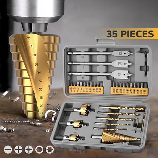 35-Pieces HSS Metal Drill Bits Set, Screwdriver Bit Titanium Step Bits Paddle Flat Bits Twist Step Drills Hex Shank Hole Saw Kit, High Speed Steel, Industrial Drill Bits