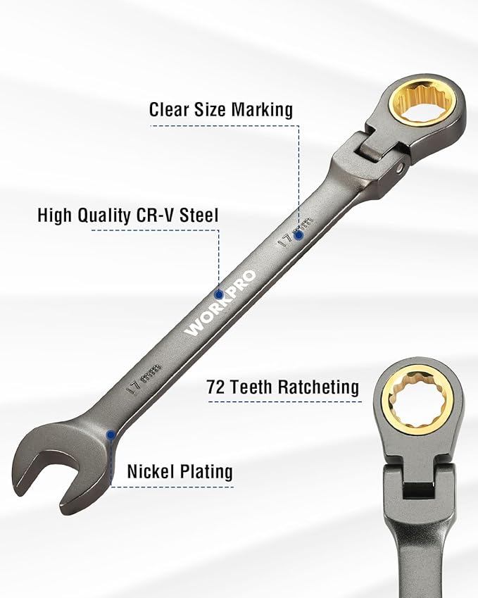 WORKPRO 17 mm Flex-Head Ratcheting Combination Wrench, Cr-V Constructed, Nickel Plating, 72-Teeth, 12 Point Design, Metric