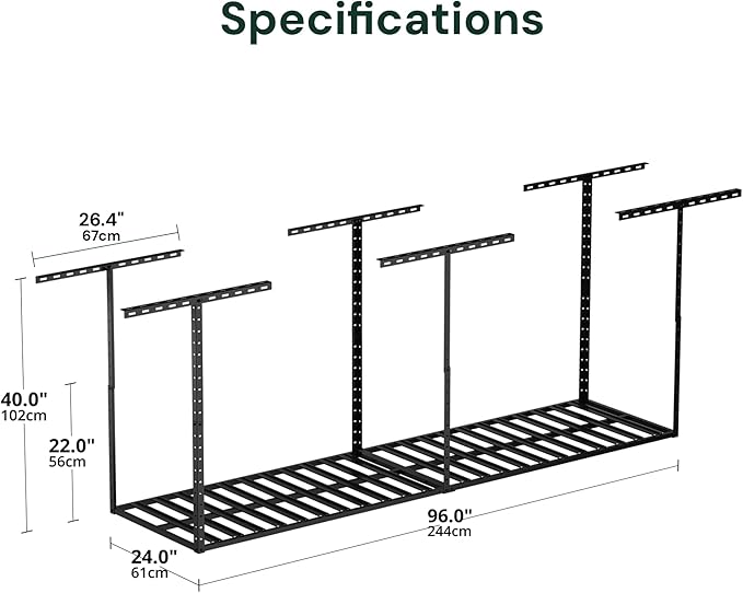 SunsGrove 2x8 Garage Storage Overhead Rack Organization, Adjustable Ceiling Mounted Storage Racks, 800LBS Weight Capacity, 22"-40" Ceiling Dropdown, 2 Pcs, Black