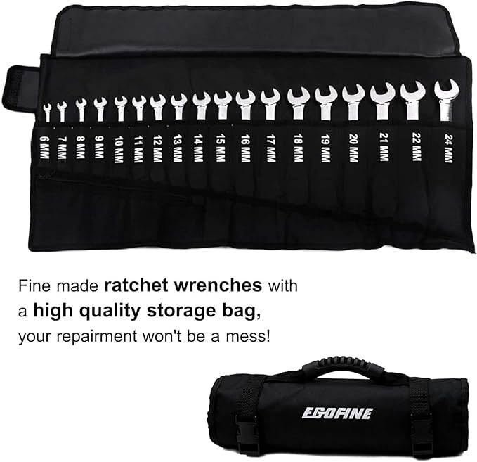 Egofine Wrench Set, 6 mm - 24 mm Metric Ratcheting Wrench Set 18pc, 72 Teeth Combination Wrenches Set, Chrome Vanadium Steel with a Roll Up Storage Bag
