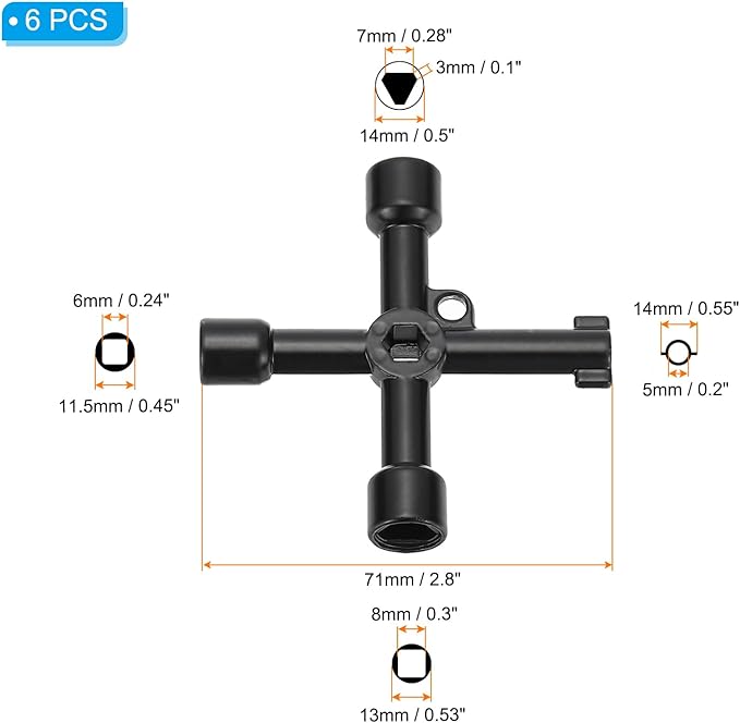 PATIKIL 4 Way Utility Key, 6 Pack Multifunction Triangle Square Panel Cross Sillcock Key Gas Water Meter Keys Wrench for Valve Spigots Electrical Cabinet Opening, Black
