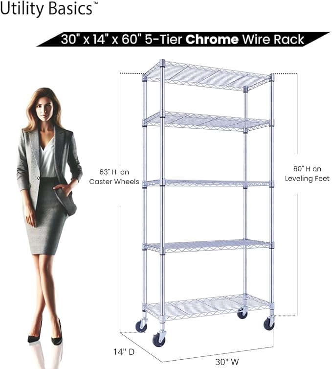 5-Tier Wire Shelving with Wheels, 30"x14"x60" Heavy Duty Metal Shelves 1750 lbs Max Capacity, Chrome Storage Rack for Garage Kitchen Pantry