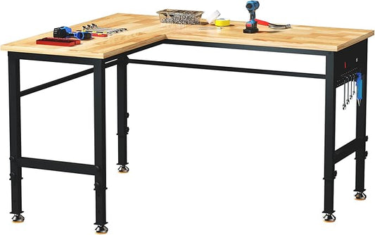Betterhood 48"/60" Heavy-Duty Adjustable Workbench for Garage, Rubber Wood Shop Table,Hardwood Workstation Weight Capacity Over 1500 Lbs (L Shape/Rubber Pad/Power Outlets/Ruler/57.1" x47.2)
