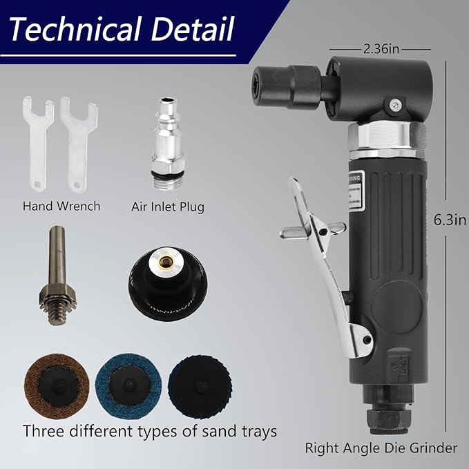 22PCS Right Angle Air Die Grinder Set 1/4" 20,000 RPM, 90° Pneumatic Grinder Tool Kit for Metal Polishing - Professional for Woodworking & Automotive Repair, Compact & Lightweight