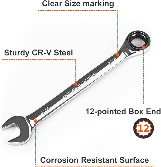 Egofine 9/16 wrench and 3/4 ratchet wrench, SAE Ratcheting Wrench Set, Industrial Grade Gear Spanner with 12-Point Design, 72-Tooth Ratchet, Chrome Vanadium Steel