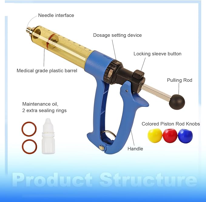 25ML Semi Automatic Livestock Syringe, with Extra 3 Colored Piston Rod Knobs, Adjustable Continuous Repeating Luer Lock Syringe for Cattle Cow Goat Sheep Pig