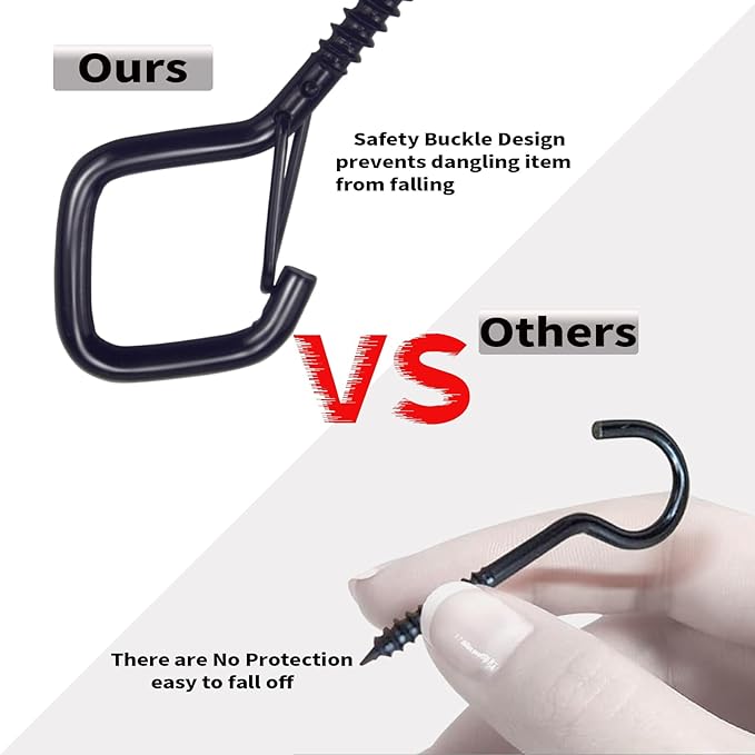 50 PCS Black Eye Screw Hooks for Hanging Heavy Duty with Safety Buckle.Metal Ceiling Hooks for Hanging Plants Cup Wind Chime Bird Feeders Patio Lights at Indoor&Outdoor