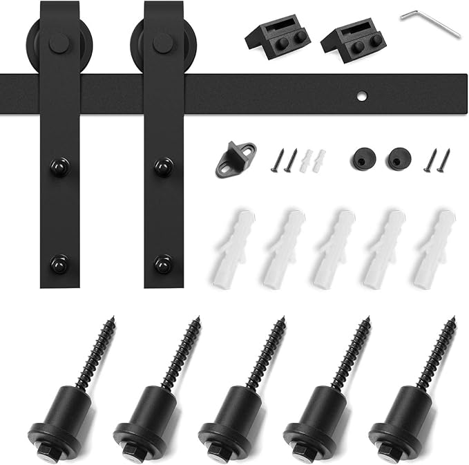 SMARTSTANDARD 7FT Sliding Barn Door Hardware Kit, Heavy Duty Track-Smoothly and Quietly-Includes Detailed Installation Instruction Fit 42" Wide Doorpanel (J Shape Hanger) Black
