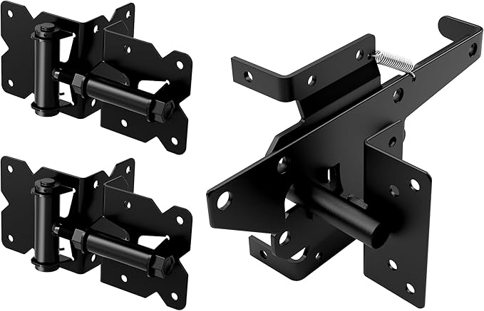 WINSOON Stainless Steel Self Closing Gate Hinge and Latch Hardware Kit, Heavy Duty Adjustable Tension Gate Hinges 2-Pack & 1-Automatic Latch, Gate Hardware Kit for Wood/Vinyl Fence Gate