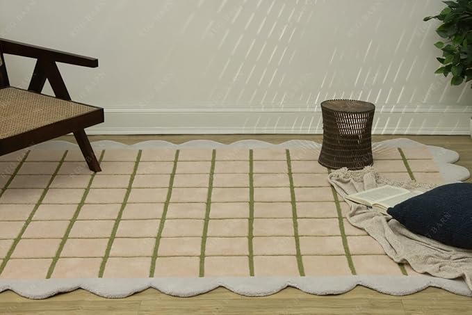 Scalloped Border Wool Area Rug with Windowpane Grid, Hand-Tufted, Beige-Blush with Sage Lines & Light Purple Edge - Soft High-Low Pile for Living Room, Bedroom, Nursery - 5x7 Ft