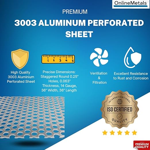 3003 Aluminum Perforated Sheet, Unpolished (Mill) Finish, H14 Temper, Staggered Round 0.25" Holes, 0.063" Thickness, 14 Gauge, 36" Width, 36" Length, 0.375" Stagger, 40% Open Area, OnlineMetals