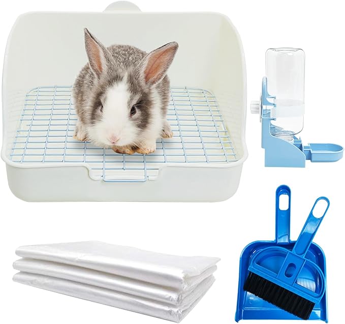 kathson Rabbit Litter Box with Grid-Small Animal Litter Pan for Cage with Automatic Water Bottle Broom- Corner Bunny Potty Training Toilet for Ferret Guinea Pig Hamster Hedgehog (White)