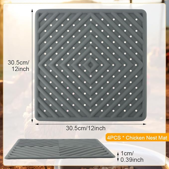 4-Pack Reusable Chicken Nesting Pads 12x12 Silicone Bedding – Prevent Egg Cracks, Quick Rinse & Dry (Drain Holes) – Durable for Backyard Flocks, Cut Coop Hassle