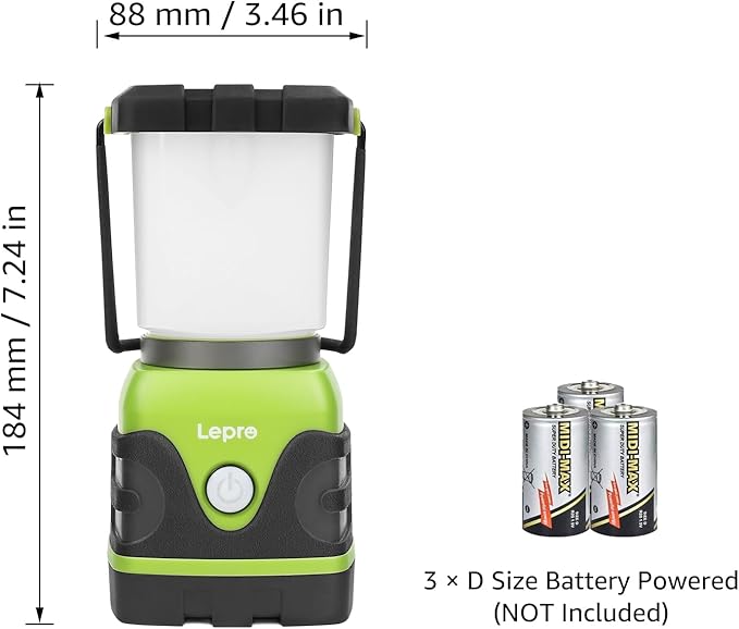 Lepro 1500LM Battery Powered LED Camping Lantern, Waterproof Tent Light with 4 Light Modes, Camping Essentials, Portable Lantern Flashlight for Camping, Emergency Light, Power Outage, Not Rechargeable