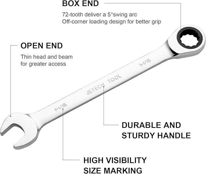 Jetech 1-1/16 inch Ratcheting Combination Wrench, Industrial Grade Gear Spanner with 12-Point Design, 72-Tooth Ratchet, Forged and Heat-Treated Cr-V Steel, SAE