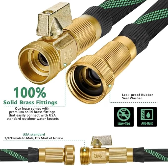 150 ft Garden Hose - 2025 New Flexible Garden Hose with 10-Function Spray Gun, Pure Brass 3/4" Fittings - Lightweight, Durable, and Kink-Free, 150ft Water Hoses for Gardening(Green Black)