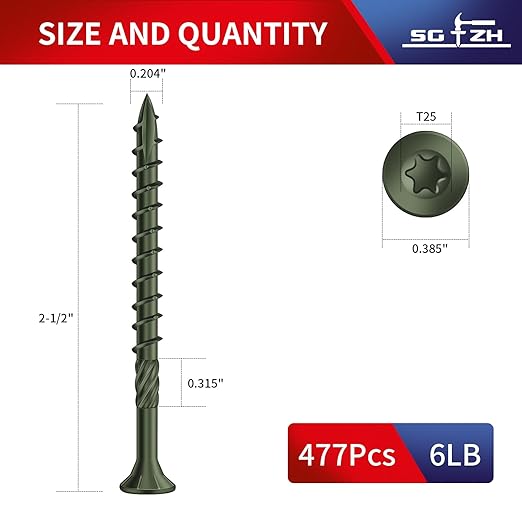#10 x 2-1/2" Deck Screws (477Pcs) 6lb. Carbon Steel, Green, Flat Head, Rust Resistant epoxy Coated, with T25 Star Bit
