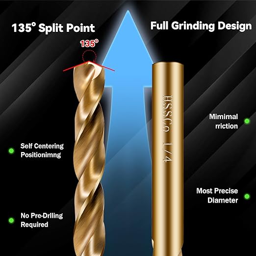 Cobalt Drill Bit Set, 8Pcs 1/8" 3/16" 1/4" 3/8" M35 High Speed Steel Jobber Length Kit Premium Metal Drill Bits for Hardened Steel Stainless Steel Cast Iron Plus Wood Plastic