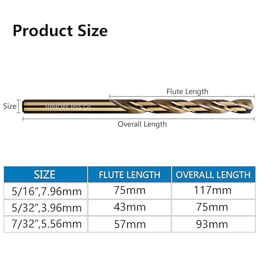 5/32 Inch Cobalt Drill Bits 10Pcs - HPHOPE M35 HSS Metal Twist Drill Bits Set, Jobber Drill Bits Length and Straight Shank, Suitable for Drilling in Hard Metal, Stainless Steel, Cast Iron