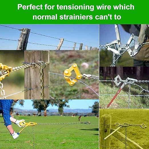 Nisorpa Fence Stretcher Tensioner Chain Strainer Heavy Duty Fence Puller Energiser Repair Tool for Cattle Barn Farm Fencing Repair Plain & Barbed Wire Stretcher Tool 47.25'' Chain Capacity 2200lbs