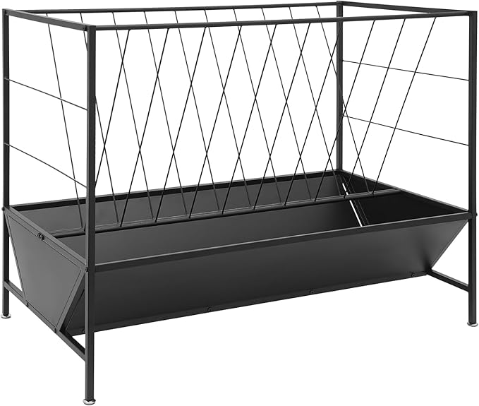 Pasture Hay Feeder - 50 Gallons, 2-in-1 Heavy Duty Hay Grain Livestock Feeder with 30 Gallon Feed Pan, Black Hay Grain Feeding Goats, Calves, Cow, Horse