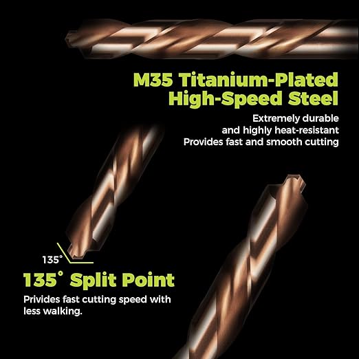 21-Piece Cobalt Drill Bit Set, M35 HSS Titanium Coated Twist Drill Bits with Dash Point and 135 Degree Points, 3 Flat Shanks, for Hard Metal, Stainless Steel, Cast Iron, Plastic