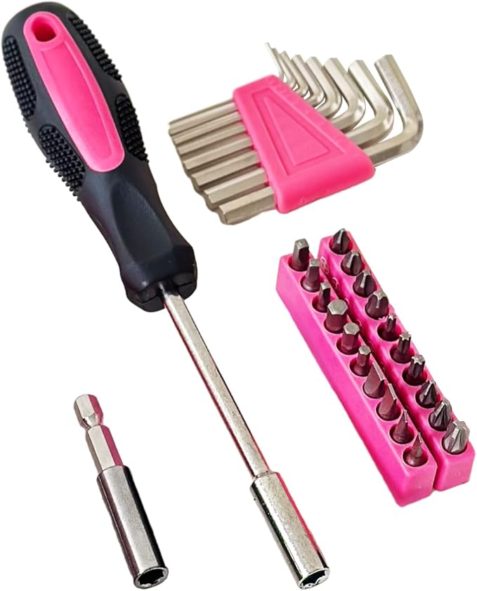 39-Piece Household Tools Kit - Portable and Essential Repair Set Ideal for Women, College Students, Home Use & More (39p-Pink)