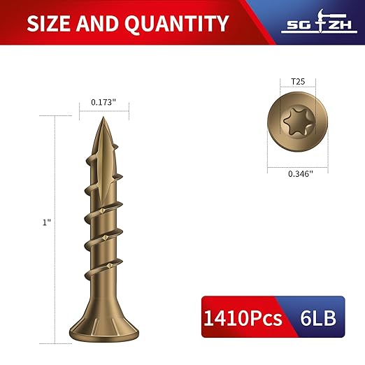 #8 x 1 Inch Deck Screws (1410Pcs) 6lb. Carbon Steel, Yellow, Flat Head, Rust Resistant epoxy Coated, with T25 Star Bit